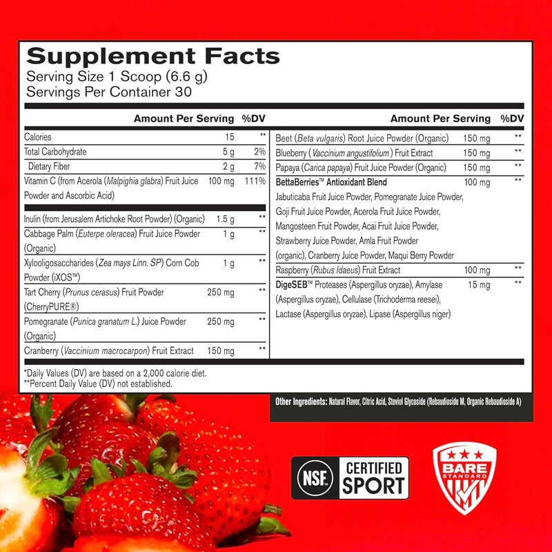 BARE PERFORMANCE NUTRITION BPN Strong Reds Superfood Powder Digestive Enzymes Antioxidants Improved Natural Energy 30 Servings Strawberry - Image 2