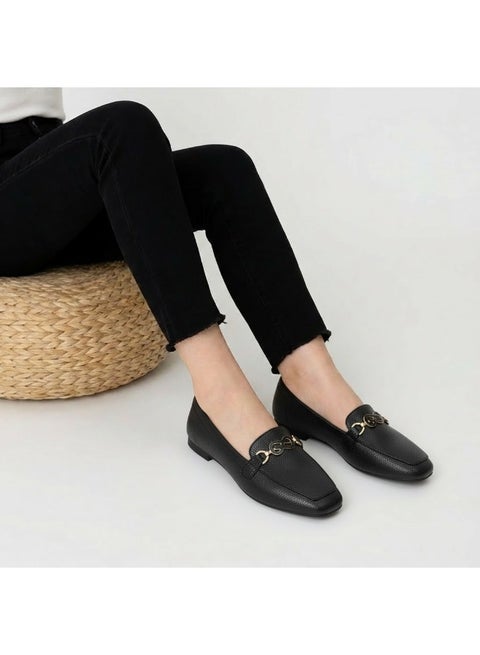 حذاء باليرينا مسطح من الجلد مربع BN-515 - أسود