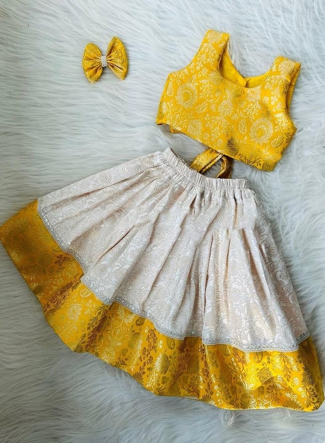 Naixa Girl's Cotton Fabric Yellow Color Floral Print Lehenga Choli with Sleeveless and Drawstring Closure Type| Ready to Wear Lehenga Choli Set for Kids - Image 5