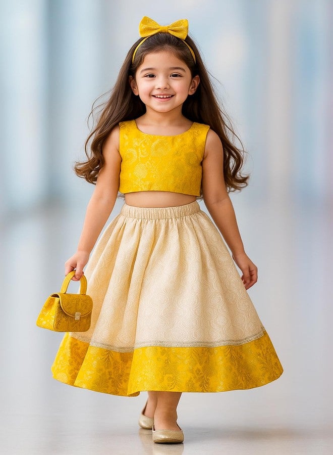 Naixa Girl's Cotton Fabric Yellow Color Floral Print Lehenga Choli with Sleeveless and Drawstring Closure Type| Ready to Wear Lehenga Choli Set for Kids - Image 2