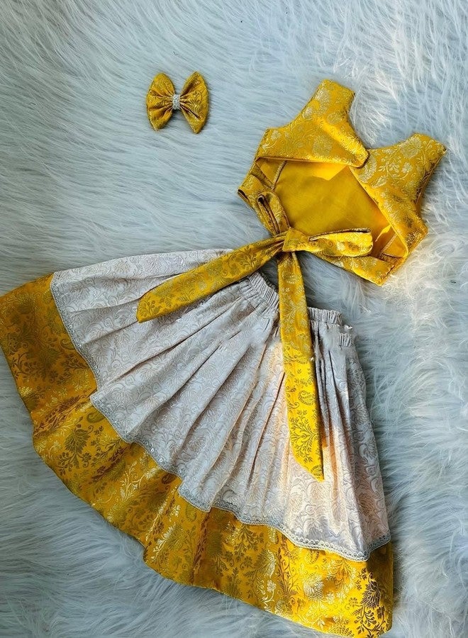 Naixa Girl's Cotton Fabric Yellow Color Floral Print Lehenga Choli with Sleeveless and Drawstring Closure Type| Ready to Wear Lehenga Choli Set for Kids - Image 4