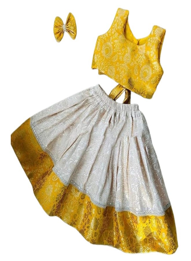 Naixa Girl's Cotton Fabric Yellow Color Floral Print Lehenga Choli with Sleeveless and Drawstring Closure Type| Ready to Wear Lehenga Choli Set for Kids - Image 1