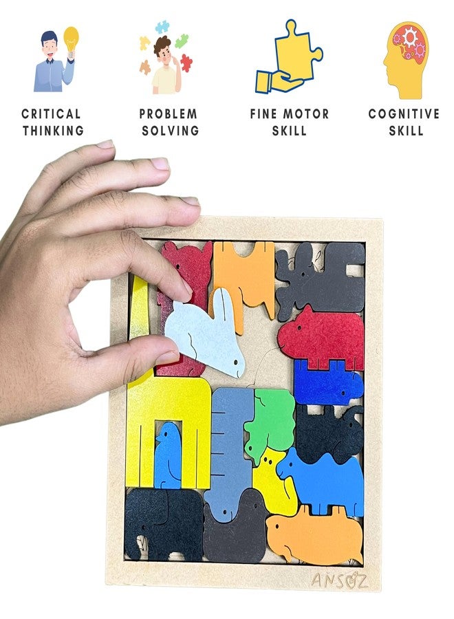 Ansoz Jungle Animals Tetris Wooden Puzzle Board - Interactive Learning & Fun for Kids, Parents, & Hobbyists! igsaw Puzzle for Kids (16 Pieces) - Image 2