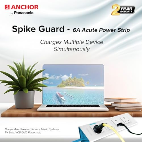 anchor by panasonic 22061 6A Power Strip 4 Socket Spike Guard with Single Switch (1.5 m, White and Blue) - Image 4