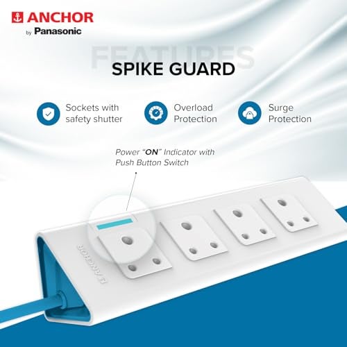 anchor by panasonic 22061 6A Power Strip 4 Socket Spike Guard with Single Switch (1.5 m, White and Blue) - Image 3