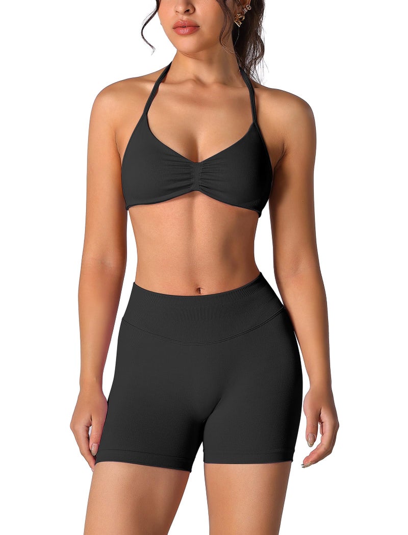 ABOCIW Black Workout Sets Women 2 Piece Seamless Strappy Halter Sports Bra Scrunch Butt Lifting Shorts Active Wear Yoga Outfits 1 Black XLarge
