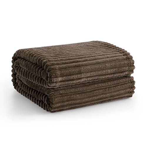 Vessia Flannel Fleece Throw Blanket(50X70 Inch), 300GSM Cozy Brown Stripe Throw for Couch, Sofa and Bed, Warm and Soft Chocolate Microfiber Ribbed Blanket for All Season - Image 5