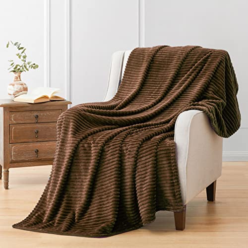 Vessia Flannel Fleece Throw Blanket(50X70 Inch), 300GSM Cozy Brown Stripe Throw for Couch, Sofa and Bed, Warm and Soft Chocolate Microfiber Ribbed Blanket for All Season - Image 1