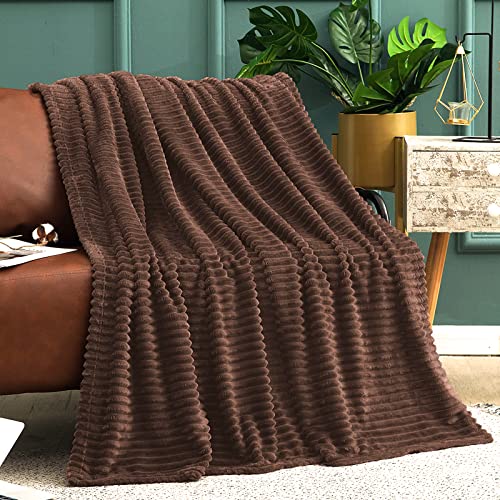 Vessia Flannel Fleece Throw Blanket(50X70 Inch), 300GSM Cozy Brown Stripe Throw for Couch, Sofa and Bed, Warm and Soft Chocolate Microfiber Ribbed Blanket for All Season - Image 2