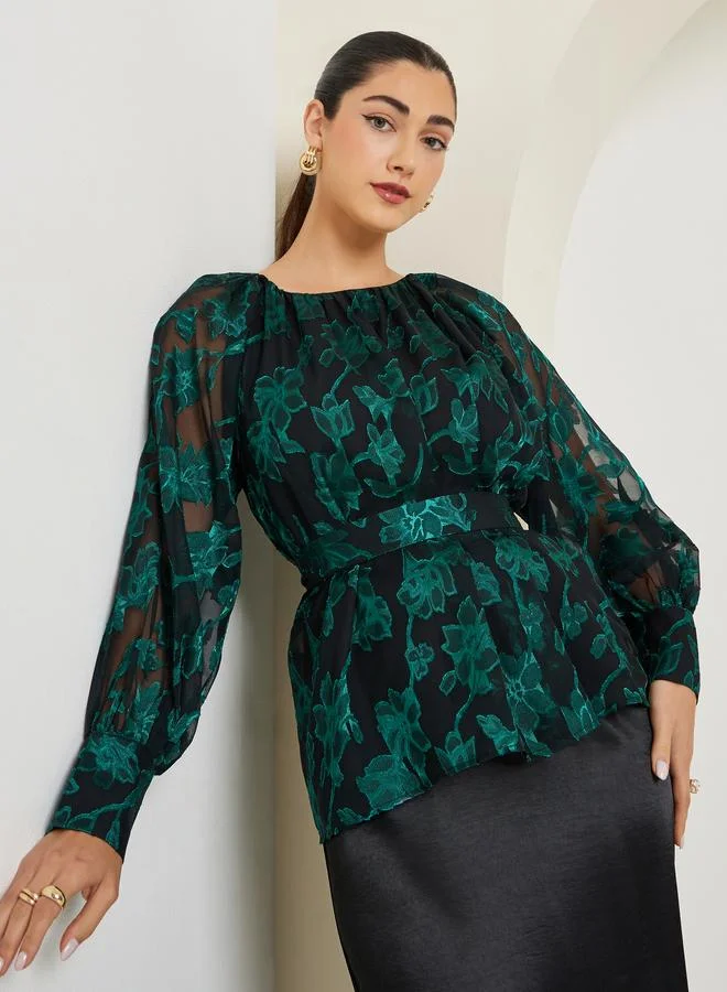 Styli Green Jacquard Floral Long Sleeve Top