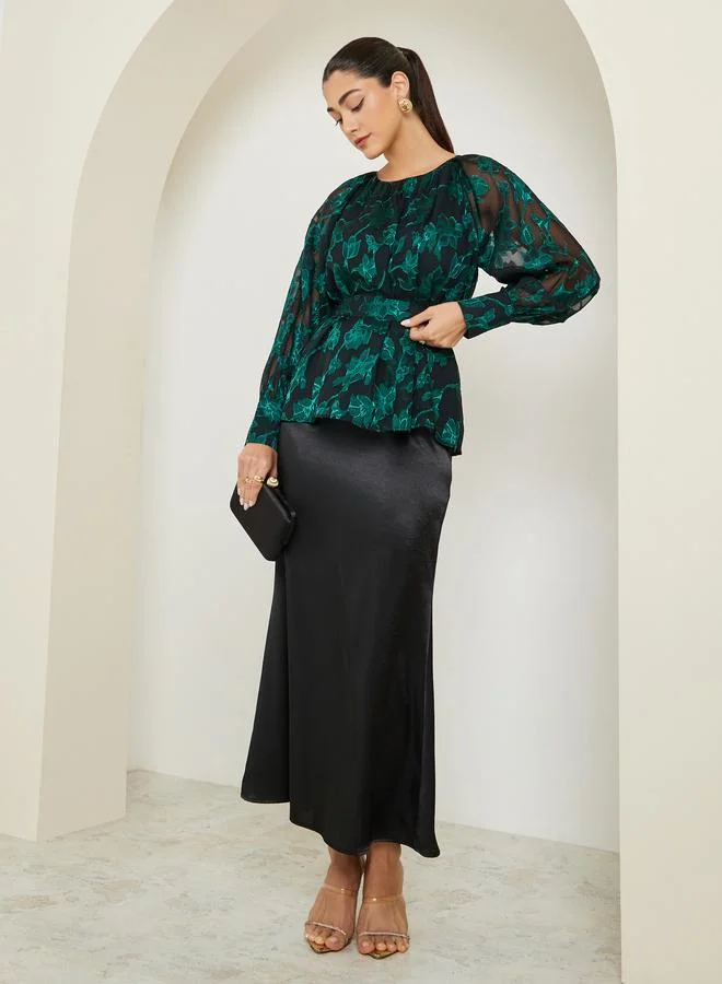 Styli Green Jacquard Floral Long Sleeve Top