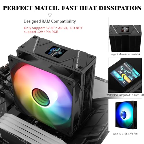 Thermalright مبرد وحدة المعالجة المركزية Thermalright Assassin Spirit 120 Vision ARGB الأسود مع شاشة LCD عرض IPS بدقة 240*240 بوصة 1.54، تبريد هوائي لوحدة المعالجة المركزية للكمبيوتر لـ LGA1700/1851/115X، AM4/AM5، مشعاع عالي الأداء - Image 3