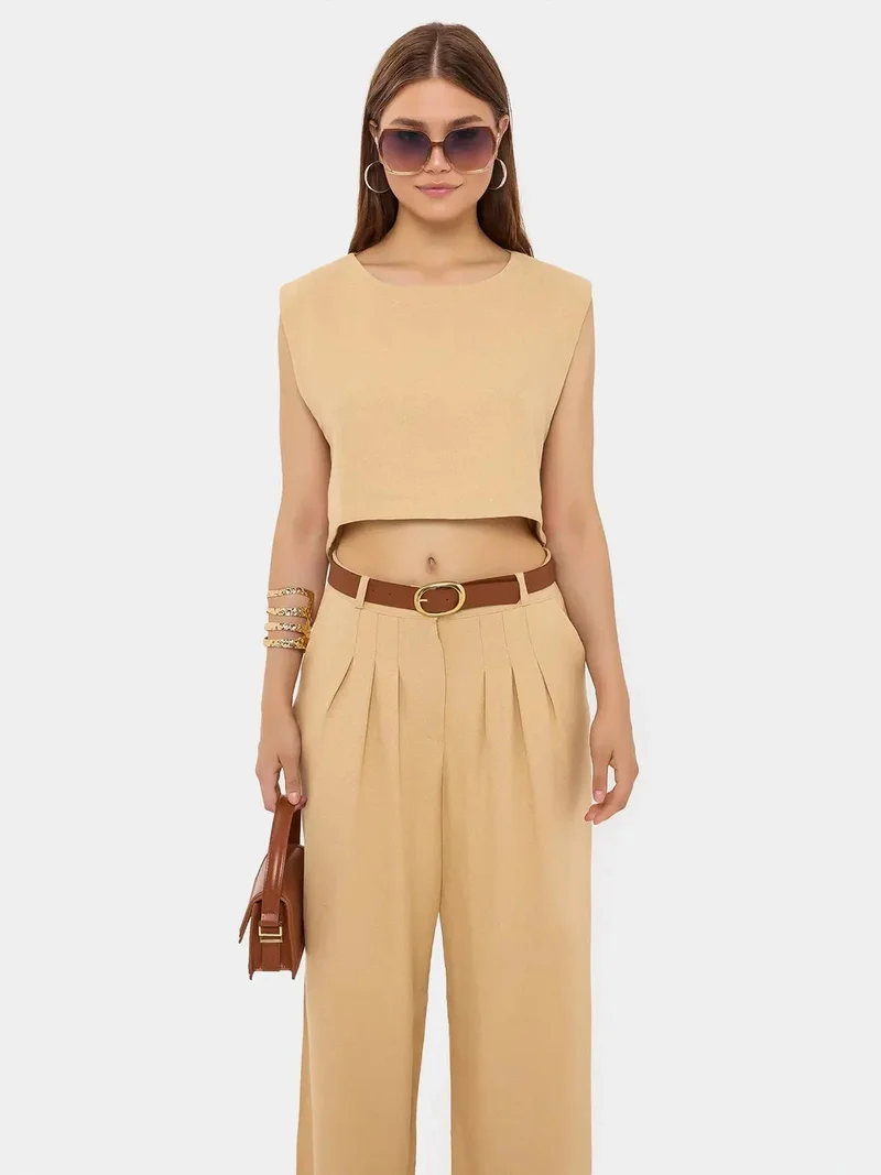 زوبعة طقم نسائي بدون أكمام بياقة دائرية وحزام