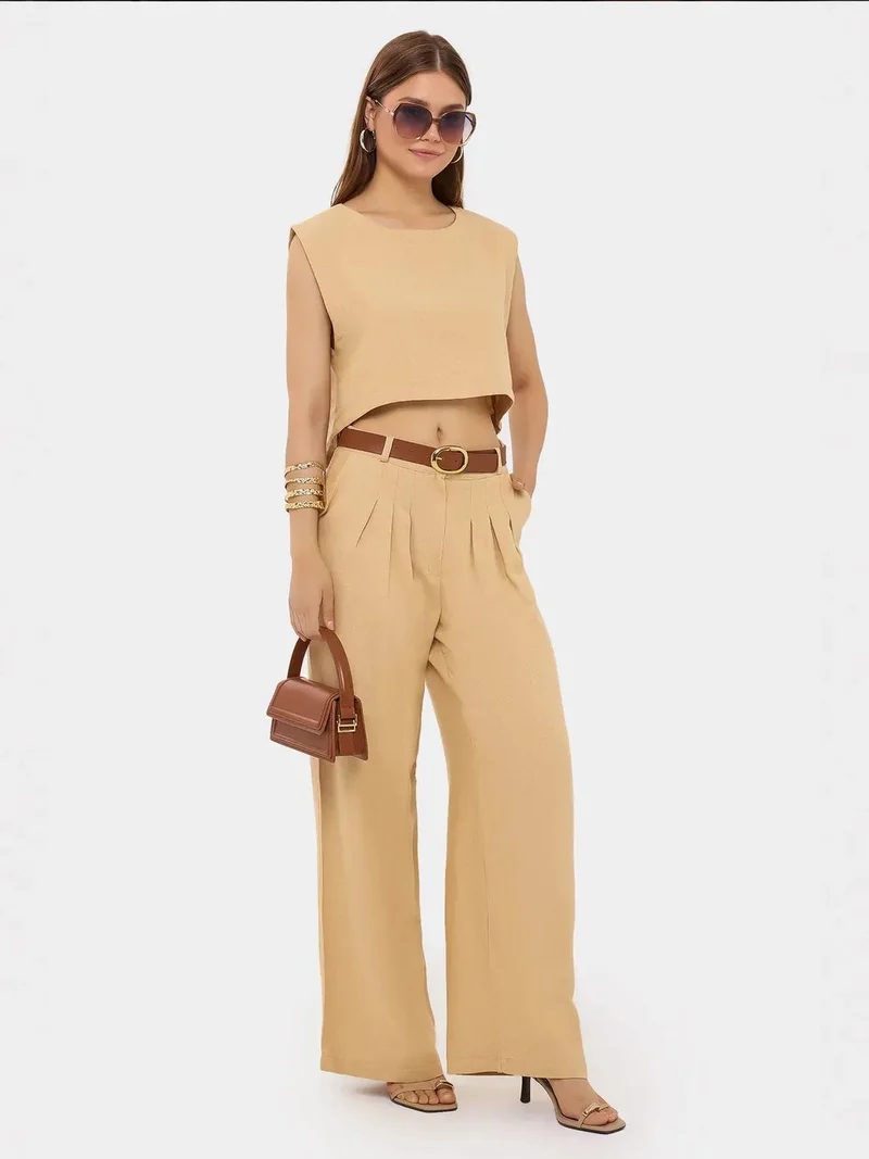 Round Neck Sleeveless Co-ord Set with Belt Detail