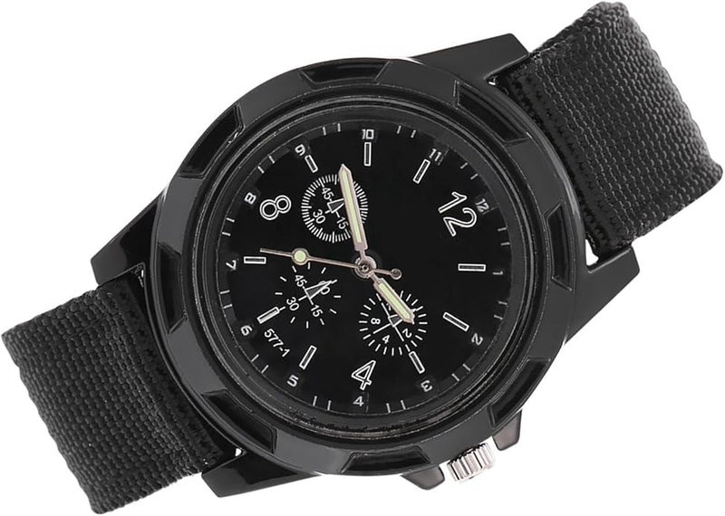 Black Military Watch Round Nylon Strap Analog Electronic Alloy Case Pin Buckle - Image 1