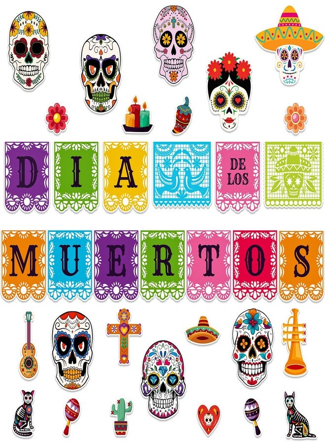 JUESMOS Day of The Dead Decorations Sugar Skull Cutouts Halloween Decor Dia De Los Muertos Colorful Skull Cutouts for Kids Students Classroom Bulletin Board Wall Decor Mexican Fiesta Party Supplies - Image 1