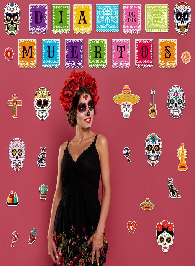 JUESMOS Day of The Dead Decorations Sugar Skull Cutouts Halloween Decor Dia De Los Muertos Colorful Skull Cutouts for Kids Students Classroom Bulletin Board Wall Decor Mexican Fiesta Party Supplies - Image 3