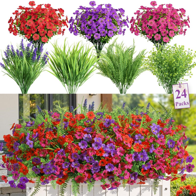 Alupssuc 24 Bundles Artificial Flowers for Outdoors Planters Spring Decoration, UV Resistant Faux Eucalyptus Violet and Lavender Silk Fake Plants for Outside Indoor Yard Home Patio Decor, Mix 3 Colors - Image 1