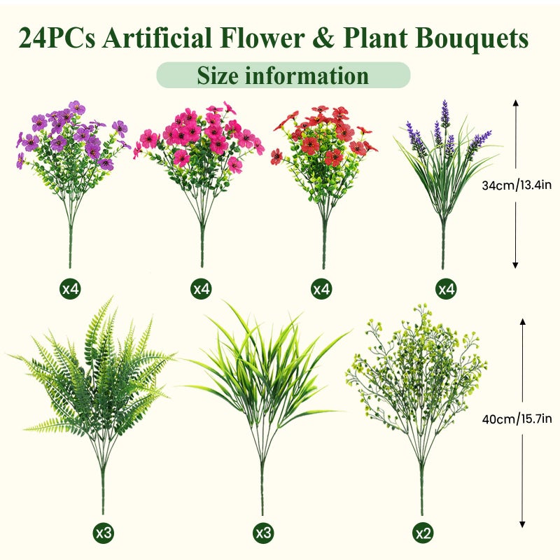 Alupssuc 24 Bundles Artificial Flowers for Outdoors Planters Spring Decoration, UV Resistant Faux Eucalyptus Violet and Lavender Silk Fake Plants for Outside Indoor Yard Home Patio Decor, Mix 3 Colors - Image 2