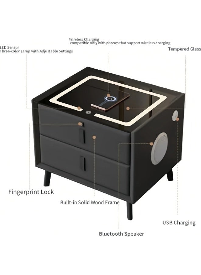 باور خزانة ذكية فاخرة بجانب السرير مع شحن لاسلكي ومنفذ USB مزدوج، ومكبر صوت بلوتوث، وقفل ببصمة الإصبع، وإضاءة ليلية قابلة للتعديل - مغلفة بالجلد مع قاعدة من الخشب الصلب - Image 5
