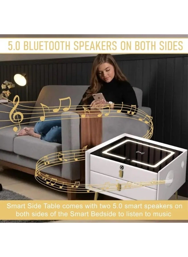 باور خزانة ذكية فاخرة بجانب السرير مع شحن لاسلكي ومنفذ USB مزدوج، ومكبر صوت بلوتوث، وقفل ببصمة الإصبع، وإضاءة ليلية قابلة للتعديل - مغلفة بالجلد مع قاعدة من الخشب الصلب - Image 3