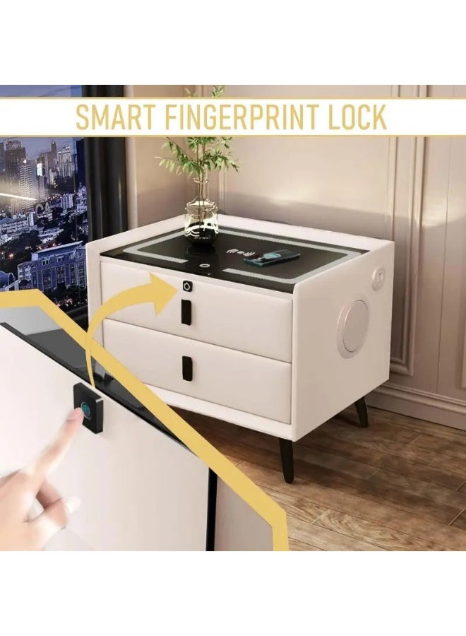 باور خزانة ذكية فاخرة بجانب السرير مع شحن لاسلكي ومنفذ USB مزدوج، ومكبر صوت بلوتوث، وقفل ببصمة الإصبع، وإضاءة ليلية قابلة للتعديل - مغلفة بالجلد مع قاعدة من الخشب الصلب - Image 2