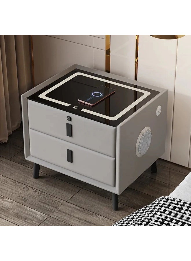 باور خزانة ذكية فاخرة بجانب السرير مع شحن لاسلكي ومنفذ USB مزدوج، ومكبر صوت بلوتوث، وقفل ببصمة الإصبع، وإضاءة ليلية قابلة للتعديل - مغلفة بالجلد مع قاعدة من الخشب الصلب - Image 1