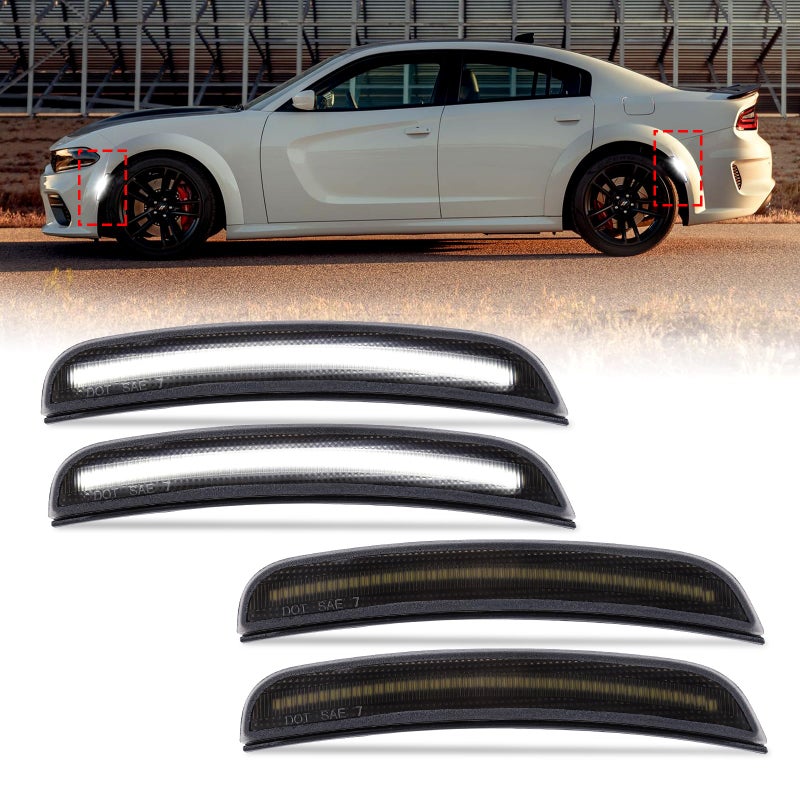 OPP ULITE Side Marker Lights for Dodge Charger LD 20152023 Front Rear Bumper 130pcs Led Chip Smoked Lens Plug Play White Parking Lamp 4PCS Front Rear LED Fender Side Light