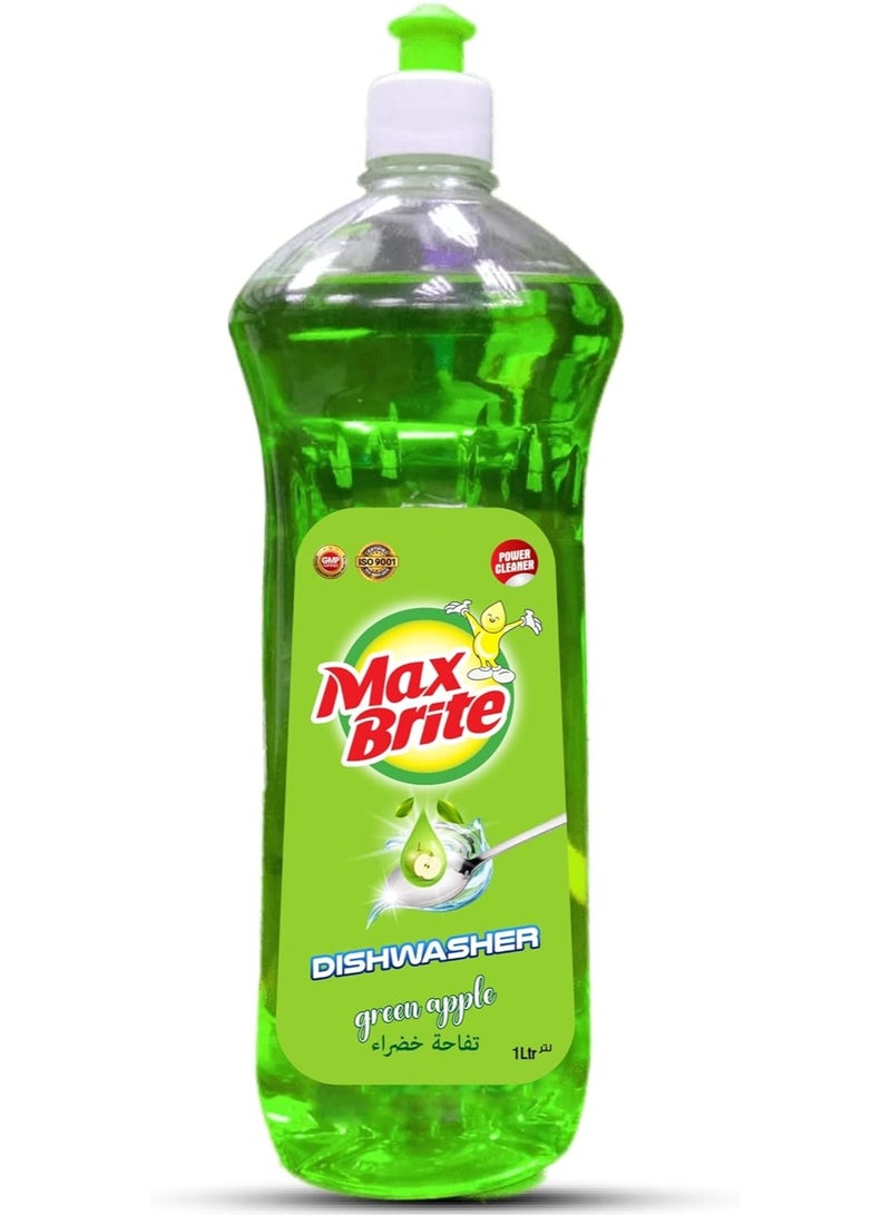 Max Brite سائل غسيل الأطباق قوي على البقع لطيف على اليدين برائحة التفاح الأخضر 1 لتر  - Image 1