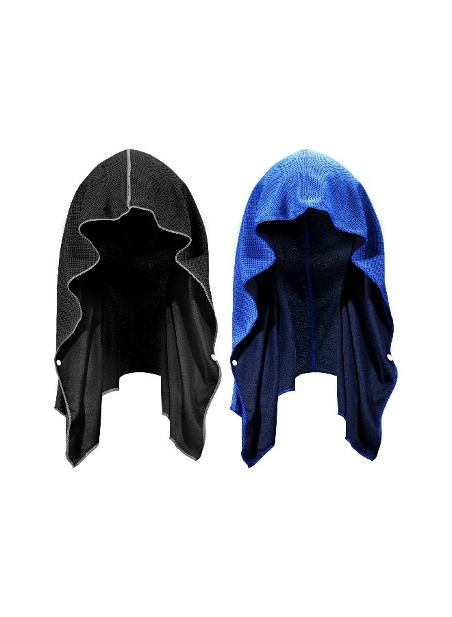 Cooling Hoodie Towels for Hot Weather - UPF 50+ Sun Protection for Head & Neck, Instant Cool Sweat Rags for Gym, Running, Beach & Theme Parks (25"x12") - 2 Pack (Black & Royal Blue)  - Image 1