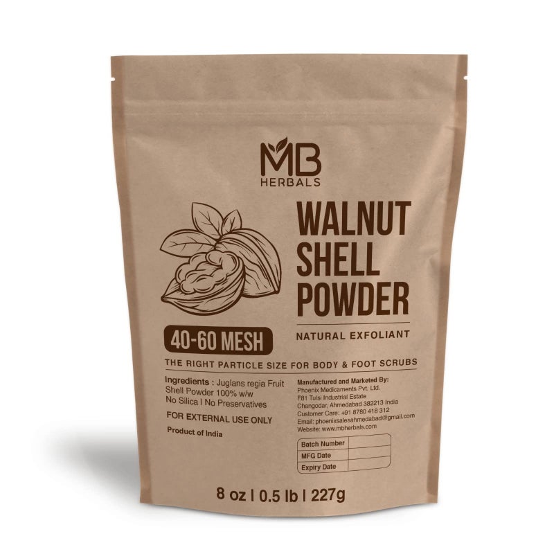 MB Herbals Walnut Shell Powder 8 oz  05 lb 227 Gram  4060 Mesh Size Coarse Grain  For Exfoliating Soaps Body Scrubs  Foot Scrubs  Coarse Grain for Greater Exfoliation