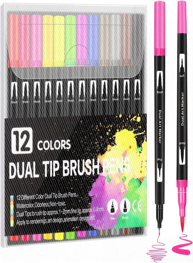 ELITEWAVE 12 Pcs Dual Tip Brush Pens Felt Tip Pen Set 12 Colors, Colouring Pens Art Markers for Kids and Adults, Colouring Book, Art Supplies Fineline - Image 1
