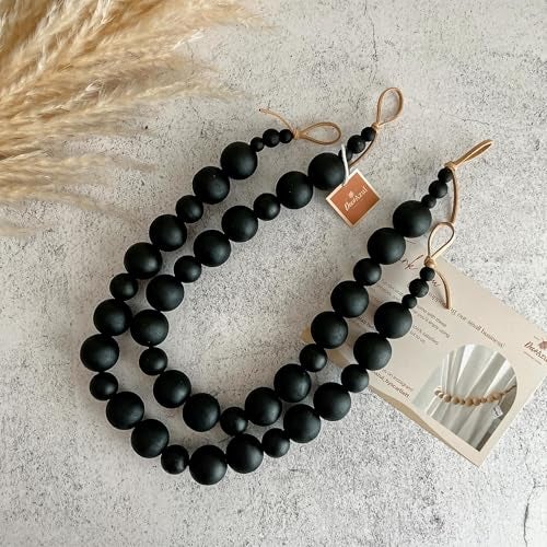 Deco Azul DECOAZUL Black Curtain Tiebacks, Boho Curtain Tiebacks & Farmhouse Curtain Holdbacks, Black Curtain Holdbacks with Wooden Beads, Set of 2 - Image 4