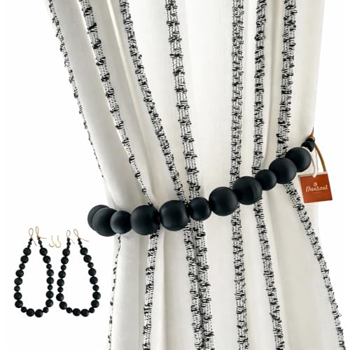 Deco Azul DECOAZUL Black Curtain Tiebacks, Boho Curtain Tiebacks & Farmhouse Curtain Holdbacks, Black Curtain Holdbacks with Wooden Beads, Set of 2 - Image 1
