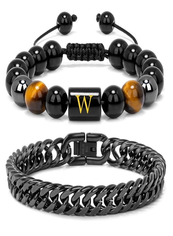 Raicegs Bracelets for Men Birthday Father's Day Gifts; W Initial Bracelet for Men Stainless Steel Bracelets Black Obsidian Tigers Eye Hematite Beaded Bracelets Mens Letter Bracelet 7.31 "Cuban Link Chain Bracelet Set Mens Jewelry Stress Relief Anxiety Bracelets - Image 1