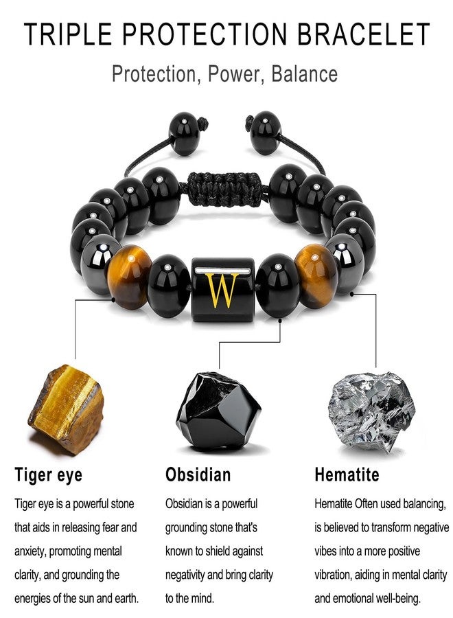 Raicegs Bracelets for Men Birthday Father's Day Gifts; W Initial Bracelet for Men Stainless Steel Bracelets Black Obsidian Tigers Eye Hematite Beaded Bracelets Mens Letter Bracelet 7.31 "Cuban Link Chain Bracelet Set Mens Jewelry Stress Relief Anxiety Bracelets - Image 3