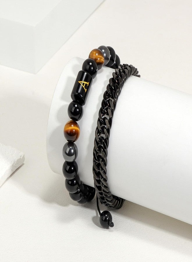 Raicegs Bracelets for Men Birthday Father's Day Gifts; W Initial Bracelet for Men Stainless Steel Bracelets Black Obsidian Tigers Eye Hematite Beaded Bracelets Mens Letter Bracelet 7.31 "Cuban Link Chain Bracelet Set Mens Jewelry Stress Relief Anxiety Bracelets - Image 4