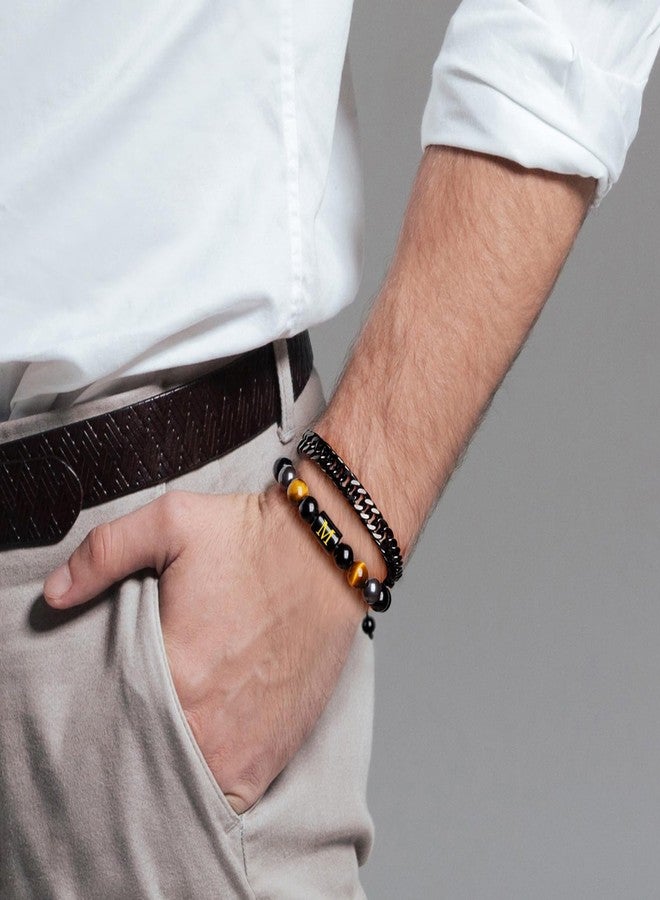 Raicegs Bracelets for Men Birthday Father's Day Gifts; W Initial Bracelet for Men Stainless Steel Bracelets Black Obsidian Tigers Eye Hematite Beaded Bracelets Mens Letter Bracelet 7.31 "Cuban Link Chain Bracelet Set Mens Jewelry Stress Relief Anxiety Bracelets - Image 2