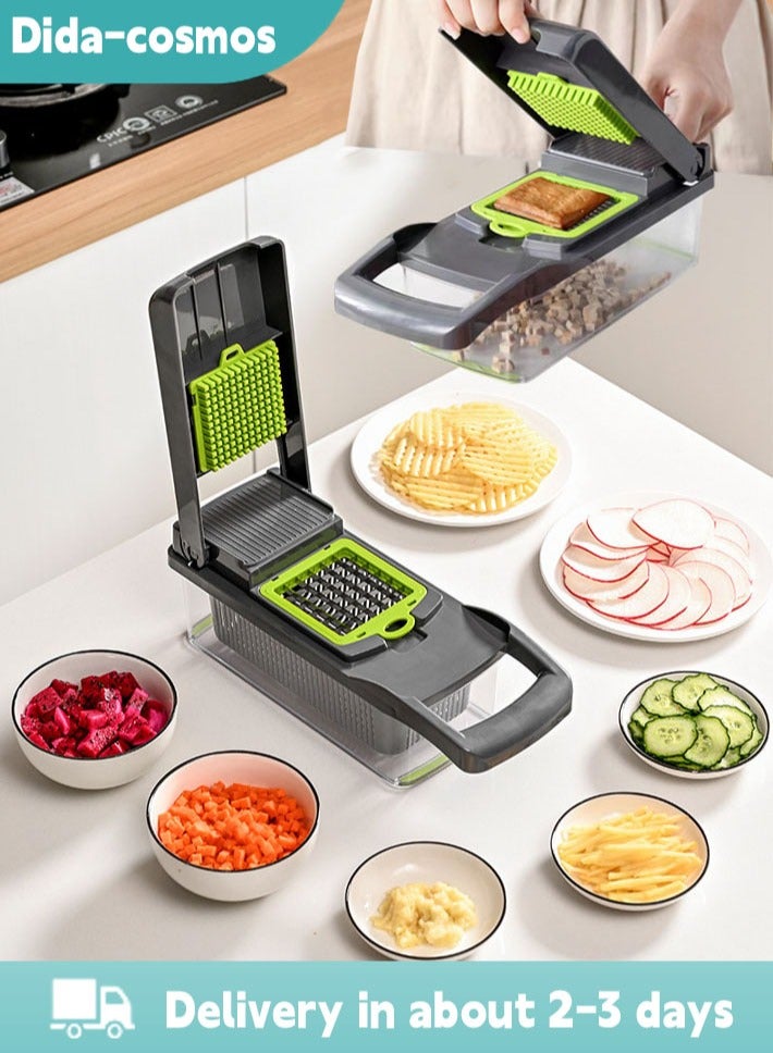 dida-cosmos 14 in 1 Set Vegetable Chopper Multifunctional All-in-One Food Slicer Cutter with Drain Basket Grater with Container Compact Kitchen Cooking Utensil Set  - Image 1