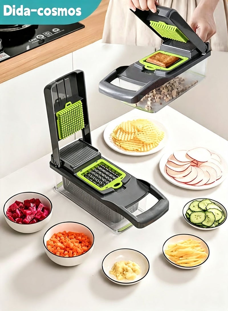 dida-cosmos 14 in 1 Set Vegetable Chopper Multifunctional All-in-One Food Slicer Cutter with Drain Basket Grater with Container Compact Kitchen Cooking Utensil Set - Image 1