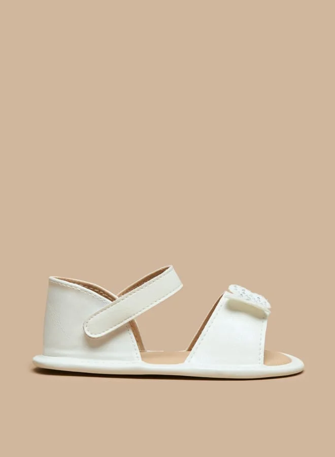 Barefeet Bow Applique Open Toe Booties with Hook and Loop Closure