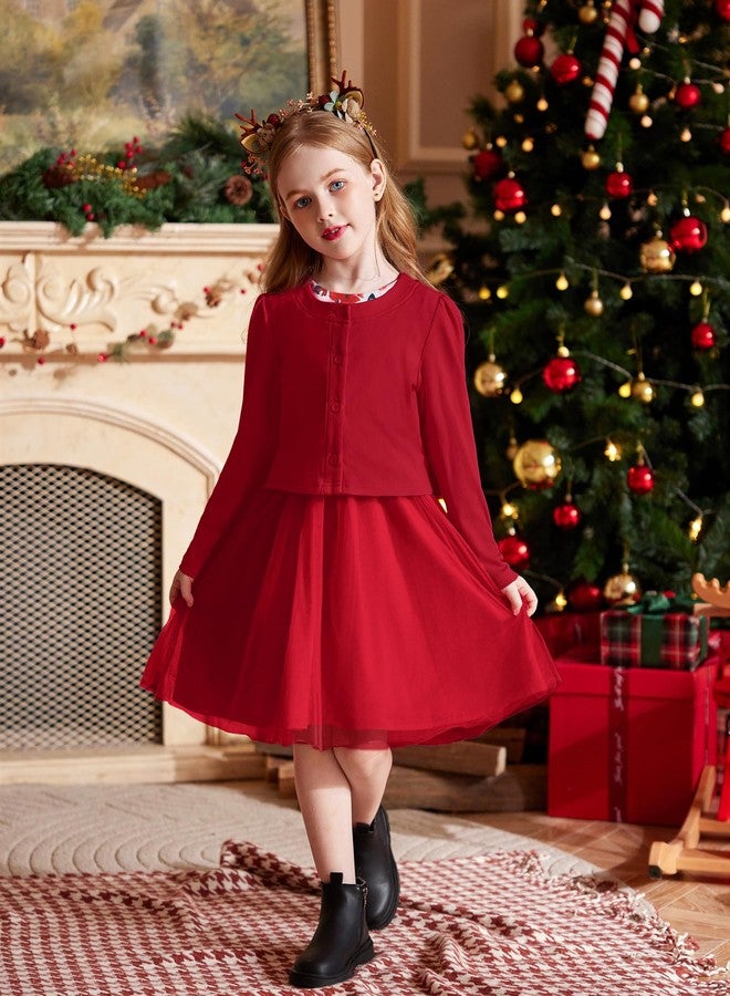 Arshiner فستان تول من الأزهار الحمراء للأطفال الصغار من أرشينر مع سترة محبوكة لربيع عيد الفصح وشاطئ هاواي 3T - Image 4