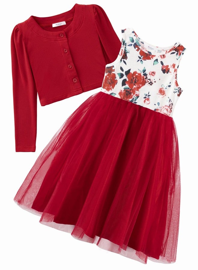 Arshiner فستان تول من الأزهار الحمراء للأطفال الصغار من أرشينر مع سترة محبوكة لربيع عيد الفصح وشاطئ هاواي 3T - Image 1