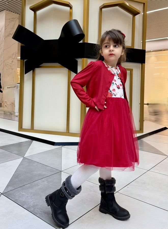 Arshiner فستان تول من الأزهار الحمراء للأطفال الصغار من أرشينر مع سترة محبوكة لربيع عيد الفصح وشاطئ هاواي 3T - Image 5