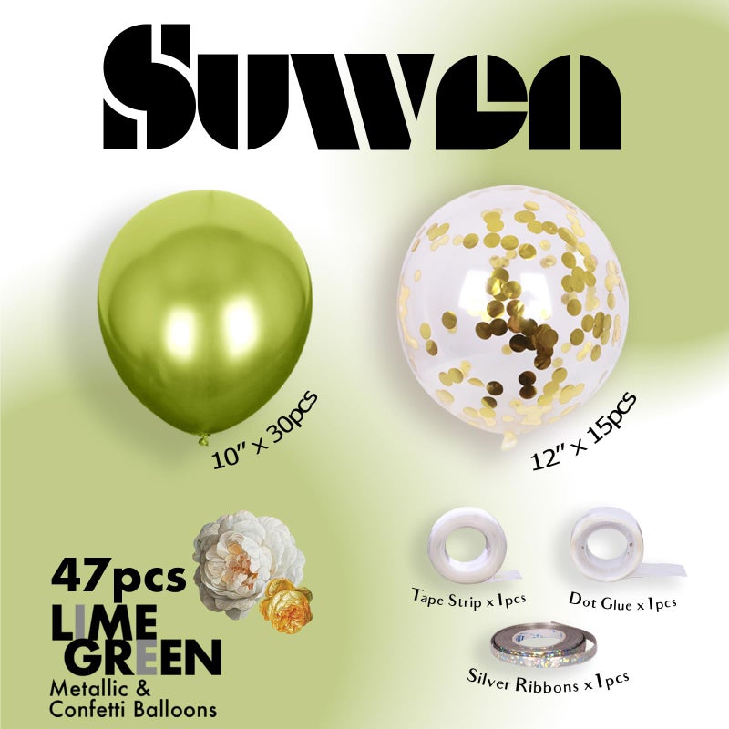 Suwen Metallic Lime Green Balloons And Confetti Balloons Set 47Pcs Latex Helium Chrome Neon Green Balloon For Birthday Anniversary Party Decorations - Image 2
