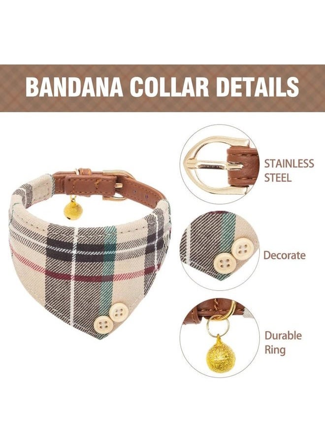KOOLTAIL طقم طوق ومقود للكلاب 3 بارك، طوق جلد ناعم قابل للتعديل للجراء ومقود خالي من التشابك للمشي في الهواء الطلق، طوق باندانا للكلب مع ربطة عنق وجرس للكلاب والقطط الصغيرة والمتوسطة بلون بيج مزخرف بمربعات - Image 3