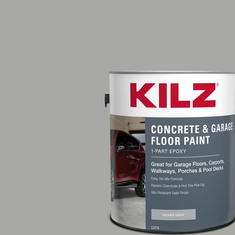 KILZ 1-Part Epoxy Acrylic Concrete and Garage Floor Paint, Interior/Exterior, Satin, Silver Gray, 1 Gallon - Image 1