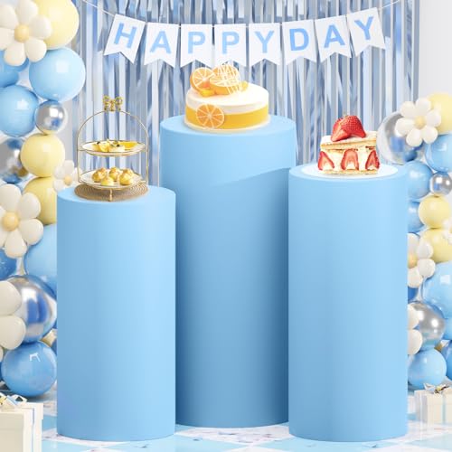 ROMANKAS Spandex Cylinder Cover Light Blue Cylinder Pedestal Cover 3Pcs Stretchy Cylinder Plinth Display Box Stand Cover Round Pedestal Covers Vintage Pillar Covers for Wedding Party Supplies - Image 2