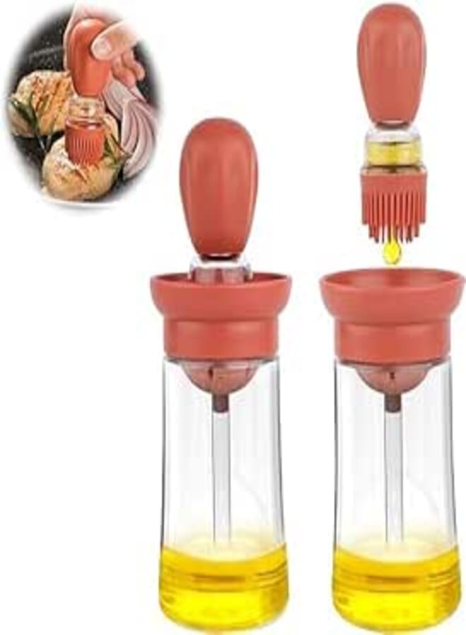 Glass Olive Oil Dispenser Bottle with Silicone Brush 2 in 1 for Kitchen Cooking Frying Baking BBQ Pancake (1, Red)