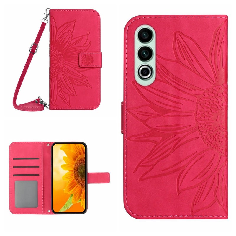 HuHa Protective Cover For OnePlus Nord CE4 Skin Feel Sun Flower Embossed Leather Phone Case with Lanyard(Rose Red) - Image 1